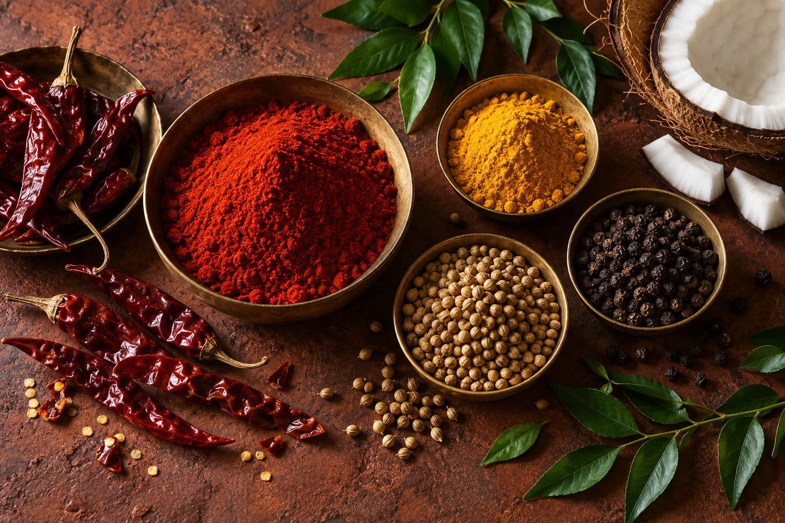 Coastal spices in brass bowls with chillies, curry leaves and coconut